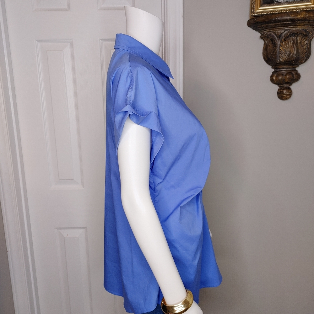 LAUREN RALPH LAUREN SHIRRED BUTTON DOWN TOP, BLUE 12 - Picture 7 of 13